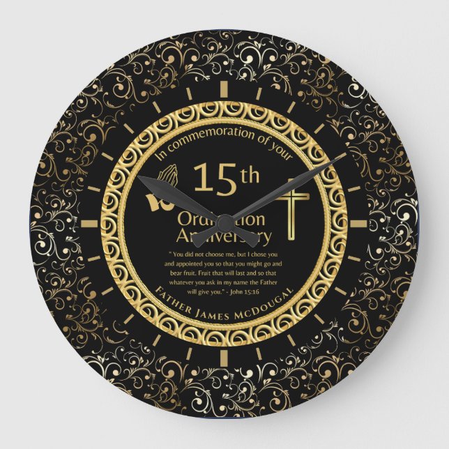 Grande Horloge Ronde 15E Ordination Anniversaire Prêtre PERSONNALISÉ (Recto)