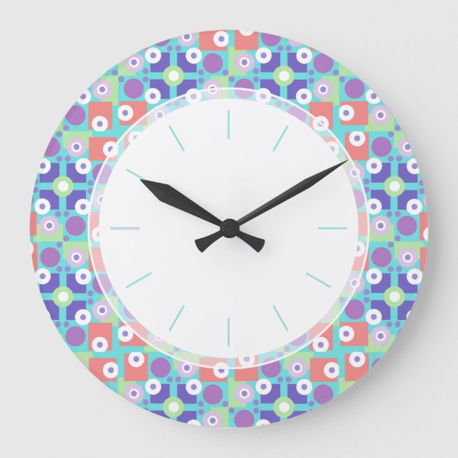 Grande Horloge Ronde 1950 Rétro Funky Aqua violet cuisine géométrique (Recto)