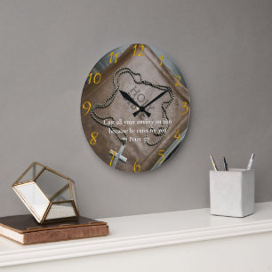 Grande Horloge Ronde 1 Pierre 5:7 Sainte Bible avec croix