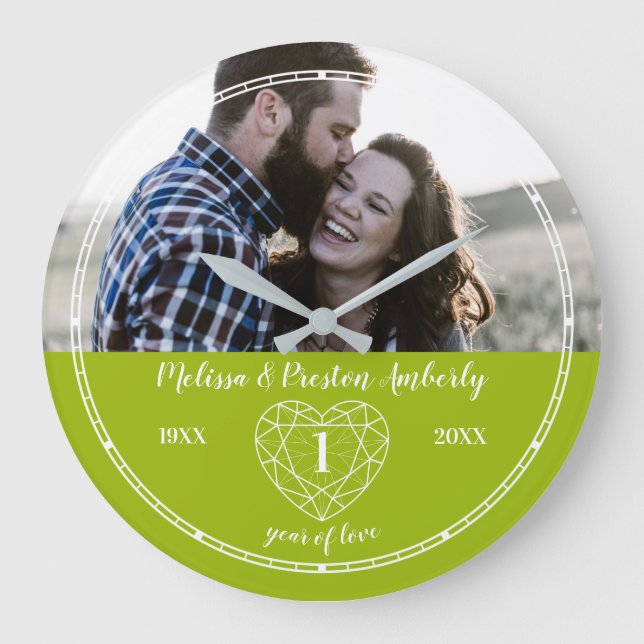 Grande Horloge Ronde 1er Anniversaire Mariage aperçu du coeur péridot (Recto)