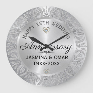 Grande Horloge Ronde 25e Anniversaire de Mariage Argent & Diamants