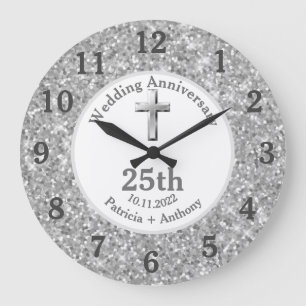 Grande Horloge Ronde 25e Anniversaire de Mariage Argenté Religieux Pail