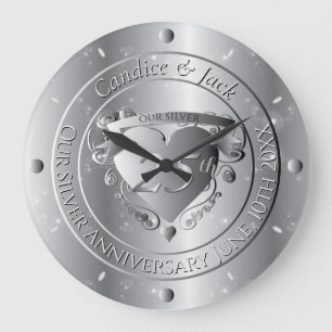 Grande Horloge Ronde 25e Anniversaire de Mariage Cœur Argenté
