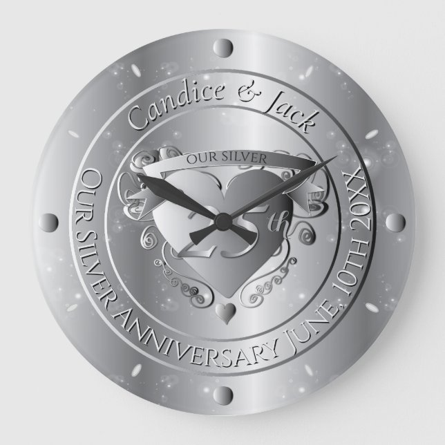 Grande Horloge Ronde 25e anniversaire de mariage Cœur argenté (Recto)