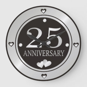Grande Horloge Ronde 25e Anniversaire de Mariage Noir et Argent