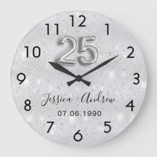 Grande Horloge Ronde 25e anniversaire de mariage paillettes argentées