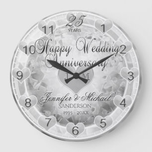 Grande Horloge Ronde 25e anniversaire Mariage d'argent Coeurs