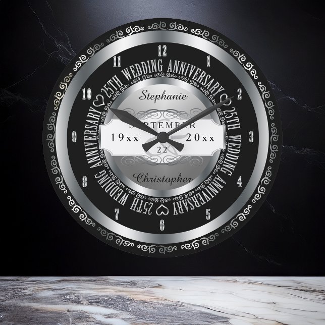 Grande Horloge Ronde 25e anniversaire Mariage élégant, noir et argent (Elegant Black and Silver Tone 25th Wedding Anniversary Large Clock)