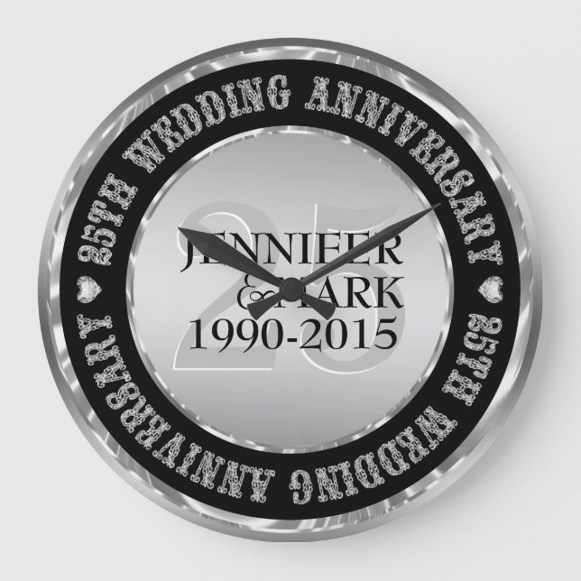 Grande Horloge Ronde 25E Anniversaire Mariage Métallique Argent Et Noir (Recto)