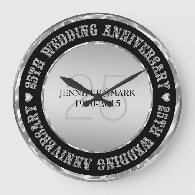 Grande Horloge Ronde 25E Anniversaire Mariage Métallique Argent Et Noir (Recto)