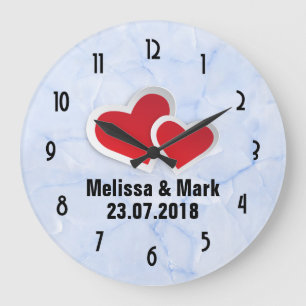 Grande Horloge Ronde 2 Coeurs en papier rouge sur Mariage en marbre ble