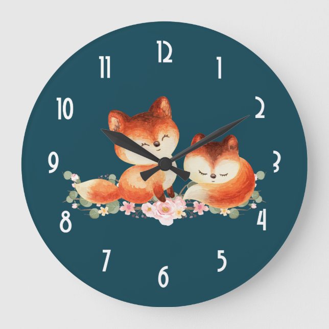 Grande Horloge Ronde 2 mignons Petits Renards Rouges Aquarelle Design (Recto)