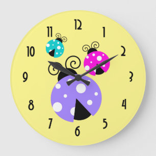 Grande Horloge Ronde 3 coccinelles en rose et bleu violet