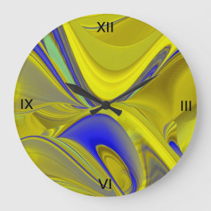 Grande Horloge Ronde 3D Abstract in Gold Yellow Blue