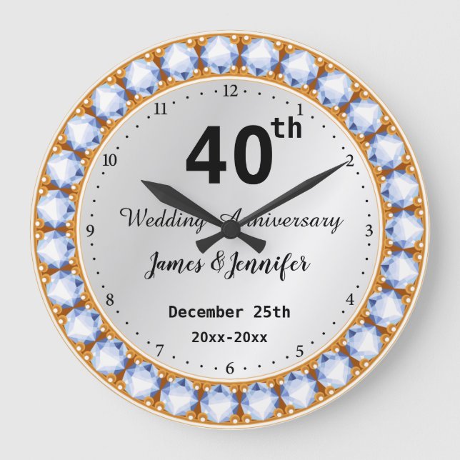 Grande Horloge Ronde 40e anniversaire du Mariage diamant Noms personnal (Recto)