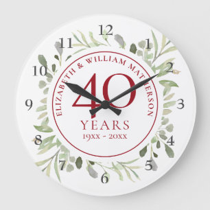Grande Horloge Ronde 40e Ruby Wedding Anniversary Watercolor Leaves 