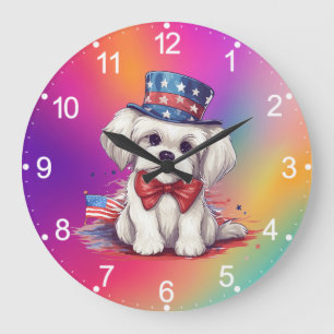 Grande Horloge Ronde 4 juillet Chien blanc mignon Chien-43568