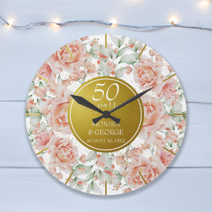 Grande Horloge Ronde 50e anniversaire de mariage aquarelle floral or