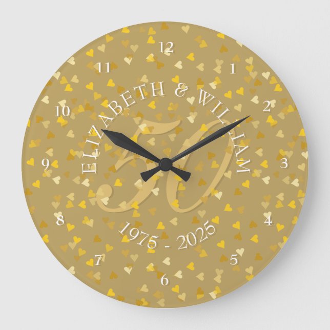Grande Horloge Ronde 50e anniversaire de Mariage Gold Hearts Confetti (Recto)