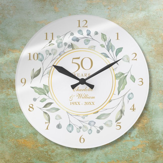 Grande Horloge Ronde 50e anniversaire du Mariage Floral Greenery (50th Wedding Anniversary Floral Greenery Large Clock)