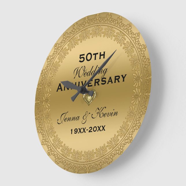 Grande Horloge Ronde 50e anniversaire Mariage Gold Floral Circle (Angle)