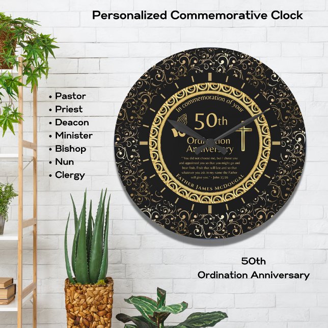 Grande Horloge Ronde 50E Ordination Anniversaire Prêtre PERSONNALISÉ (Créateur téléchargé)
