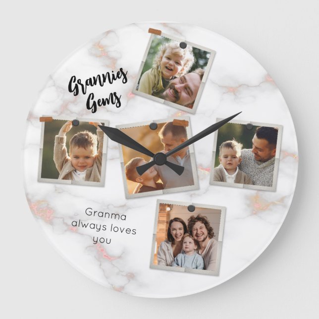 Grande Horloge Ronde 5 Cinq Photo Moderne Élégant Collage Famille Amour (Recto)