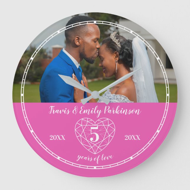Grande Horloge Ronde 5e anniversaire Mariage coeur rose Tourmaline (Recto)