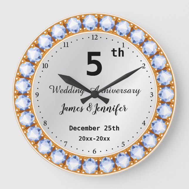 Grande Horloge Ronde 5e anniversaire Mariage diamant Noms personnalisés (Recto)