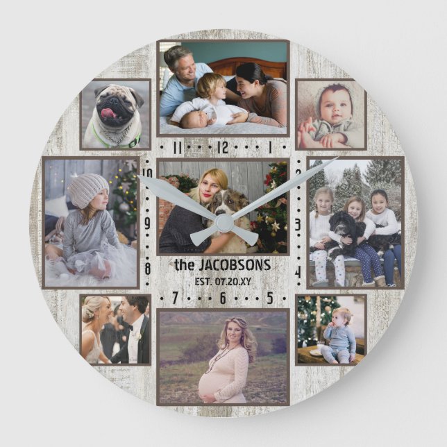 Grande Horloge Ronde 9 Family Photo Collage Farmhouse Wood Nom personna (Recto)