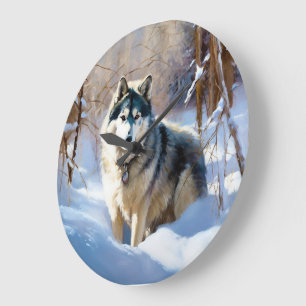 Grande Horloge Ronde Aaskan Malamute Laisser Il Neige Noël