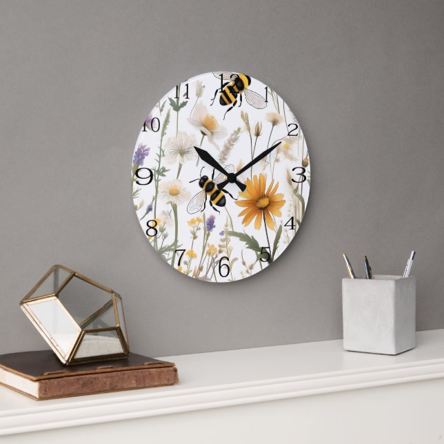 Grande Horloge Ronde Abeilles Et Fleurs sauvages, (Bureau)