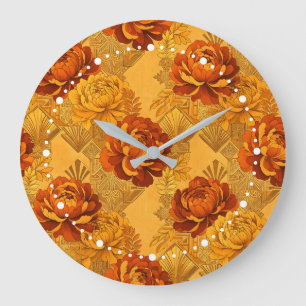 Grande Horloge Ronde Abondantes Fleurs Orange Doré Art Déco 