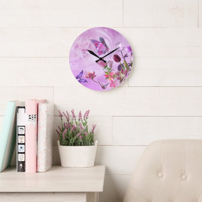 Grande Horloge Ronde Abstract Pink Purple Cute Butterfly (Salle de lecture)