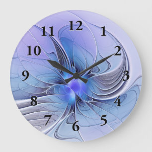 Grande Horloge Ronde Abstrait Art Fractal Lavande Bleu