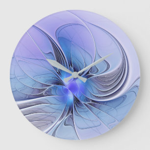 Grande Horloge Ronde Abstrait Art Fractal Lavande Bleu