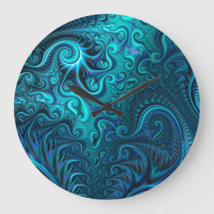 Grande Horloge Ronde Abstrait bleu coloré et Motif spiral Turquoise