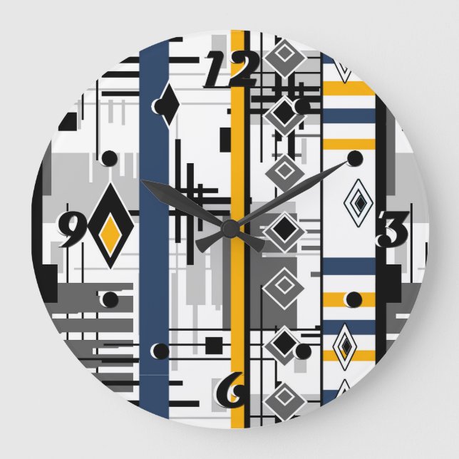 Grande Horloge Ronde Abstrait moderne noir blanc jaune ornement geo (Recto)
