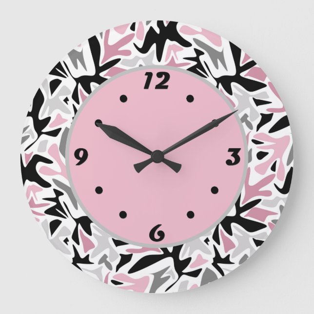 Grande Horloge Ronde Abstrait, Noir et Rose, Jeune, Throw Pill moderne (Recto)