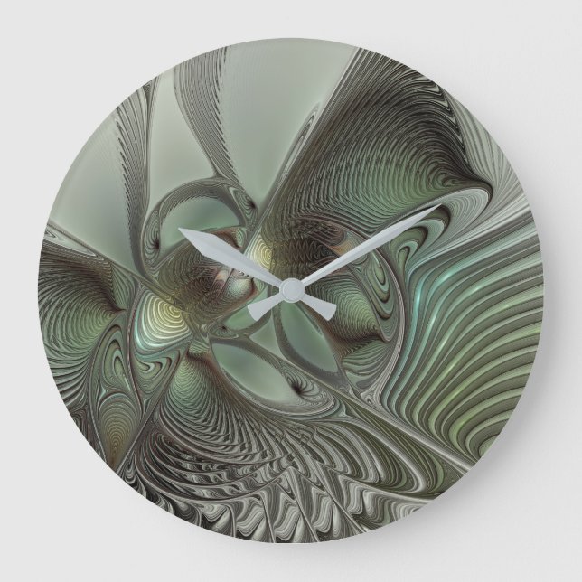 Grande Horloge Ronde Abstrait Olive Sage Green Grey Fractal Art Imagina (Recto)