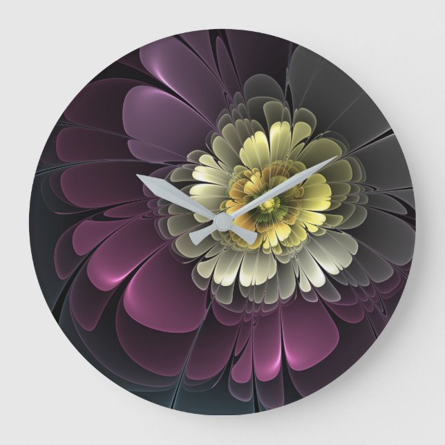 Grande Horloge Ronde Abstrait Purpur moderne Khaki Gris Fleur fractale  (Recto)