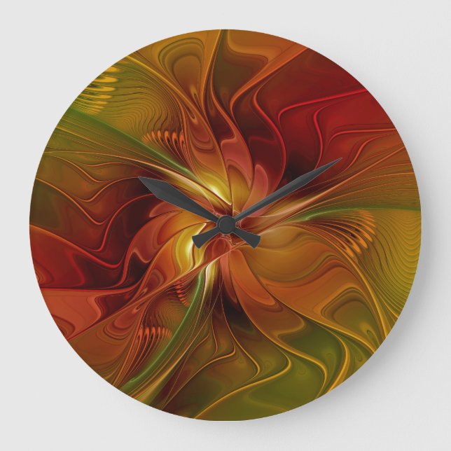Grande Horloge Ronde Abstrait Rouge Orange Brown Vert Fractal Art Flowe (Recto)