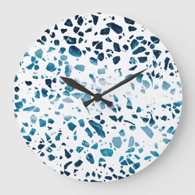Grande Horloge Ronde Abstrait Terrazzo Mosaic Marine et Motif bleu clai (Recto)