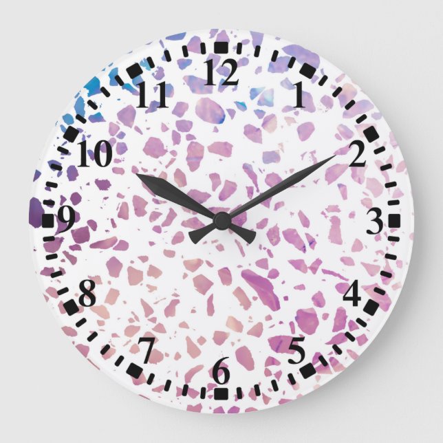 Grande Horloge Ronde Abstrait Terrazzo Mosaic rose et Motif bleu (Recto)