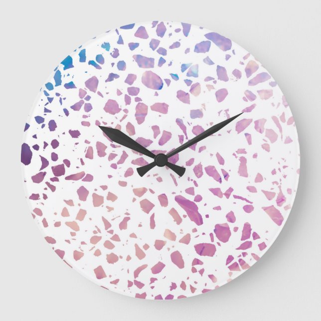 Grande Horloge Ronde Abstrait Terrazzo Mosaic rose et Motif bleu (Recto)