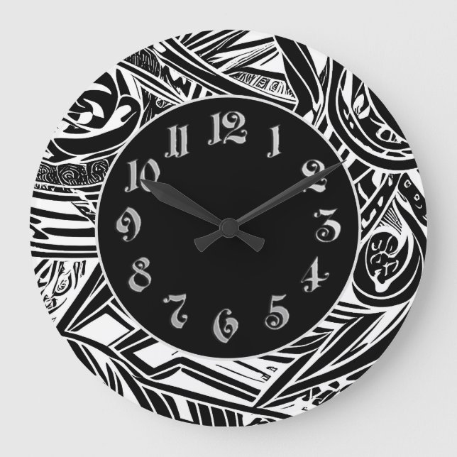 Grande Horloge Ronde Abstrait tribal noir et blanc (Recto)