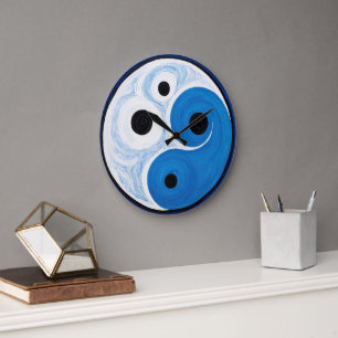 Grande Horloge Ronde Abstrait Yin Yang : Moderniste Bleu & Blanc