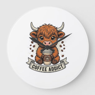 Grande Horloge Ronde Accro au café Vache des Highlands Mignonne Gravure