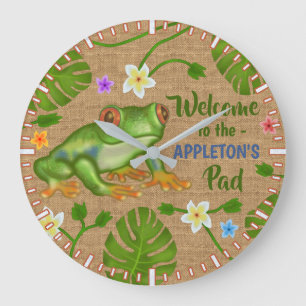 Grande Horloge Ronde Accueil de grenouille au nom personnalisé tropica