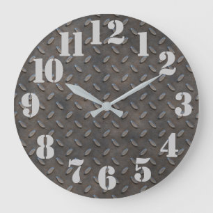 Grande Horloge Ronde Acier à plaque diamantée look industriel